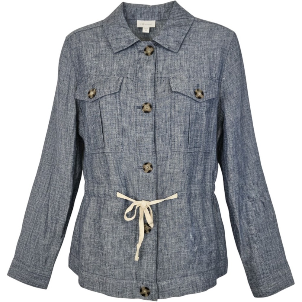J. Jill Love Linen Blue Utility Jacket Drawstring Waist Button Front Size M